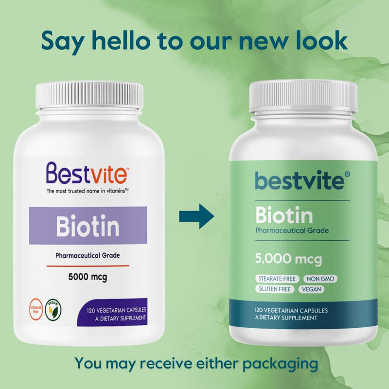 BESTVITE Biotin 5000mcg (240 Vegetarian Capsules) (120 x 2) - No Stearates - No Flow Agents - Vegan - Non GMO - Gluten Free - Hair, Skin, Nails 1 Count (Pack of 240)