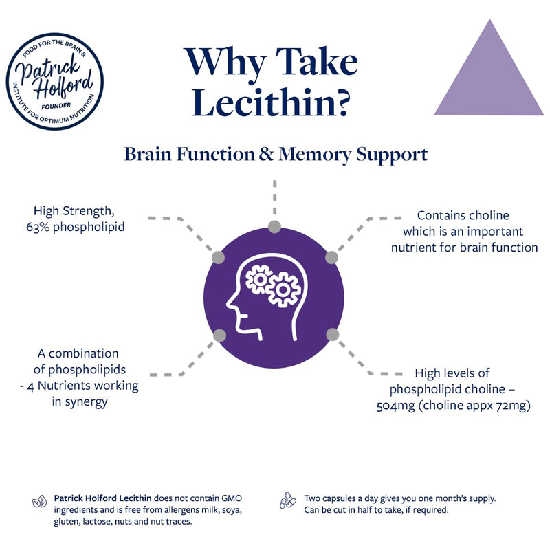 Patrick HOLFORD Lecithin High Strength/Brain Supplement/for Brain Function & Memory Support / 4 Nutrients / 504mg Phospholipid Choline/Naturally Sourced / 60 Capsules/Vegan/for Women & Men