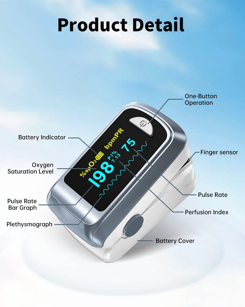 [Australia] - Fingertip Pulse Oximeter Blood Oxygen Saturation Monitor Pulse Ox, Heart Rate and Fast Spo2 Reading Oxygen Meter with OLED Screen Included Lanyard and 2 X AAA Batteries gray 