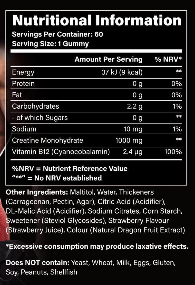 Creatine Gummies – 5000mg Creatine Monohydrate per Serving (1000mg per Gummy) – Vegan, Sugar Free – Gym & Training Support – for Men & Women – 60 Count (Strawberry) Strawberry