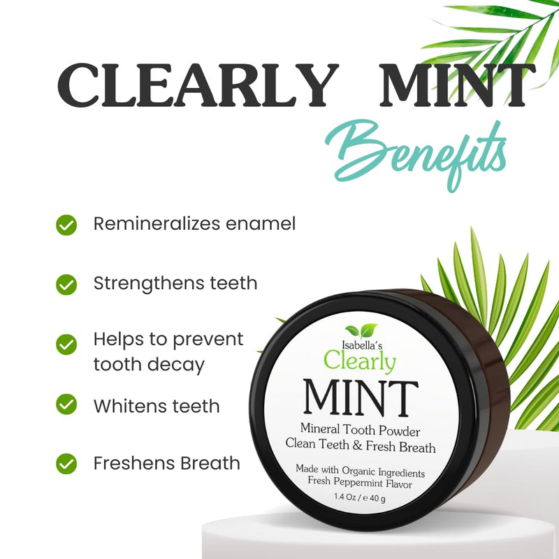 Isabella’s Clearly Mint Remineralizing Tooth Powder | Teeth Whitening Natural Fluoride Free Toothpaste for Adults, Kids, Sensitive Teeth and Gums | Xylitol, Baking Soda, Clay, Calcium (Mint Flavor) 1.4 Ounce (Pack of 1)