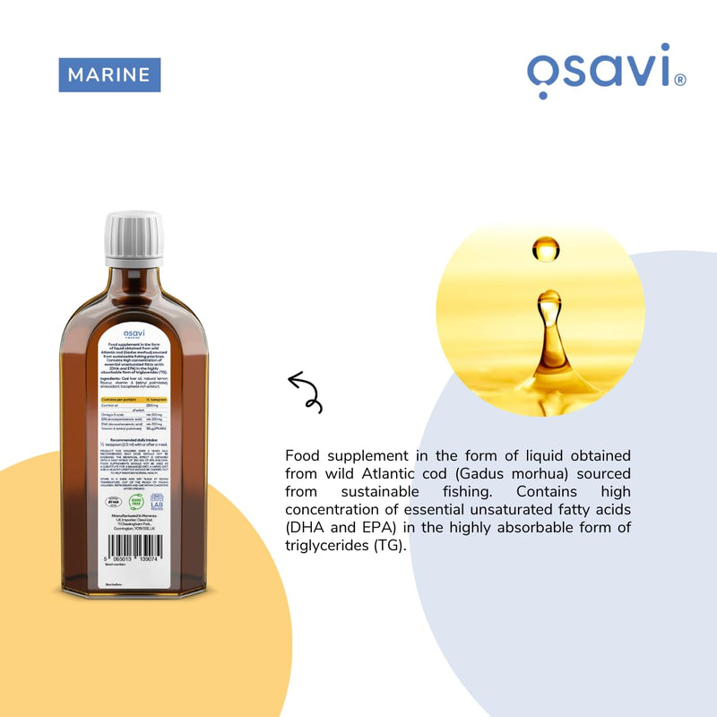 Osavi Norwegian Cod Liver Oil Kids – 250 ml | 500 mg Omega–3| Supports Brain Function, Vision, Heart Health, Immune System | Includes 135 µg Vitamin A | Lemon Flavour | Made in Norway
