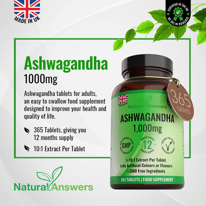 Natural Answers 365 x Ashwagandha 1000mg Per Tablet | 1 Year Supply of High Strength Vegan Tablets (Not Capsules or Pills) of Pure Powder UK Made Anxiety Relief