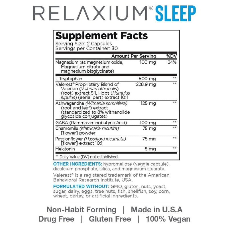 Relaxium Sleep Aid for Adults, Melatonin Sleep Supplement to Support Longer Sleep, Non-Habit Forming, Magnesium, Ashwagandha, 60 Capsules, 30-Day Supply 60 Count (Pack of 1)