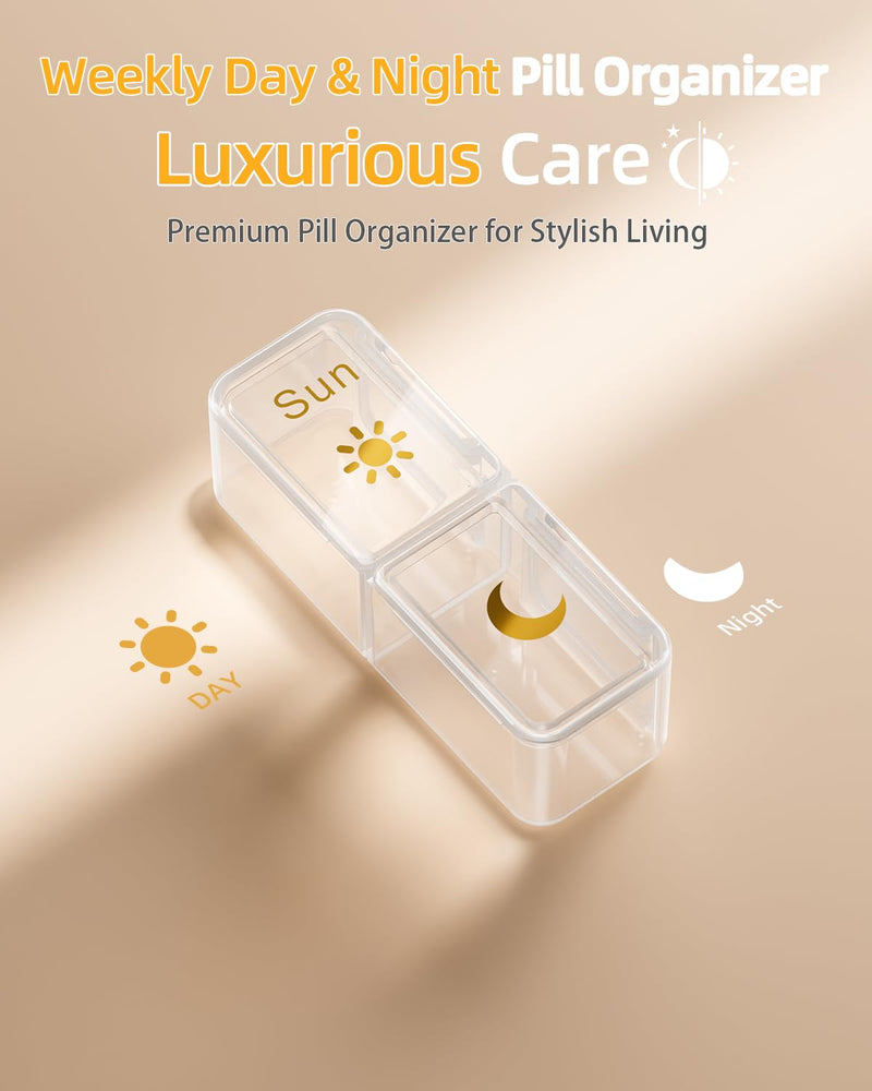 Betife AM PM Pill Organizer 2 Times a Day, 7 Day Pill Box - Yellow | Removable AM/PM Daily Cases; Roomy for Fish Oil and Vitamins; Sturdy ABS Shell with Moisture-Resistant Silicone Protection. Beige
