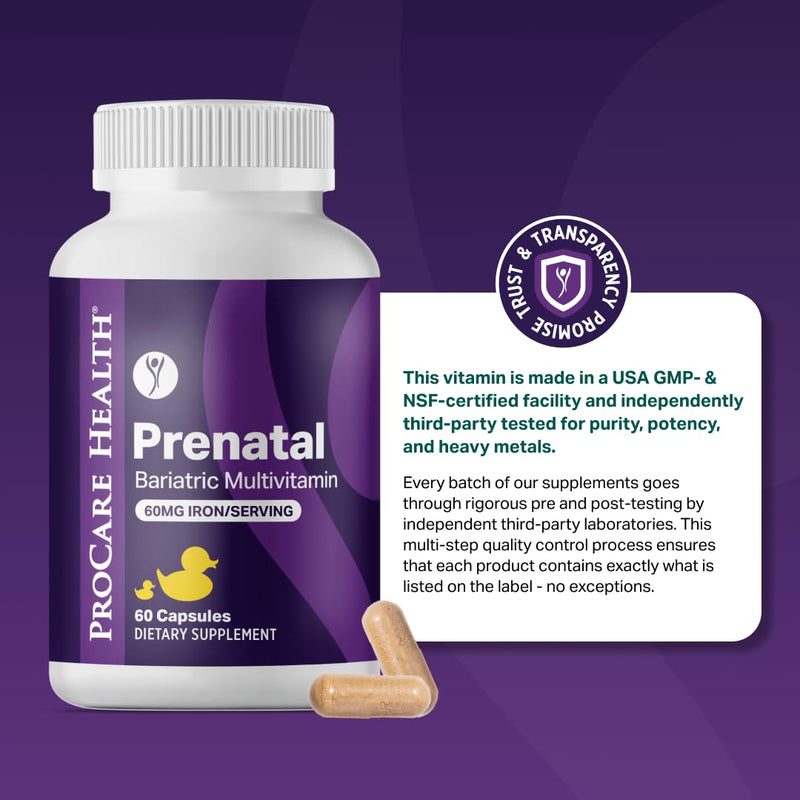 Prenatal Bariatric Multivitamin with Iron | Capsule | 60ct | Bariatric Vitamins for Gastric Bypass & Gastric Sleeve (1 Month Supply) - 60 Easy-to-Swallow Capsules for Women - Made in USA 60 Count (Pack of 1)