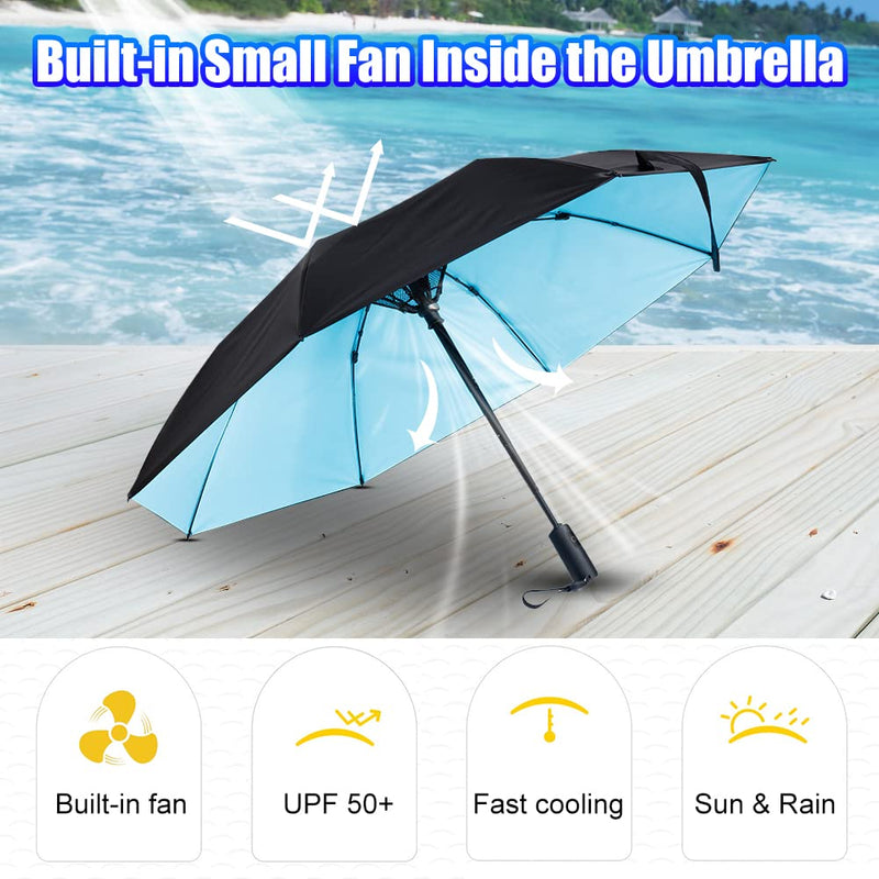 WOOLALA Newly UV Sun Umbrella with Fan, Portable Cooling UPF 50+ Foldable | USB Rechargeable Travel Umbrellas for Watching Games, Playground, Heatstroke, Hot or Rain Days in Black