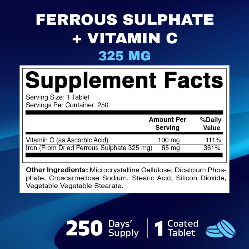 [Australia] - Vitamatic Ferrous Sulphate 325 mg + Vitamin C 100 mg - (65 mg Elemental Iron) High Potency Iron Supplement | No Artificial Color Additives - 250 Coated Tablets - Made in USA 