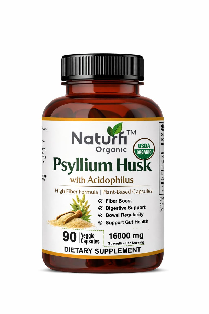 Naturfi Organic - Fibre Supplement 16,000 mg Psyllium Husk with Acidophilus - High Strength - Natural Soluble Fiber Supplement from Plantago Ovata Seeds, Vegan Capsules (270 Capsules (Pack of 3)) 270 Capsules (Pack of 3)