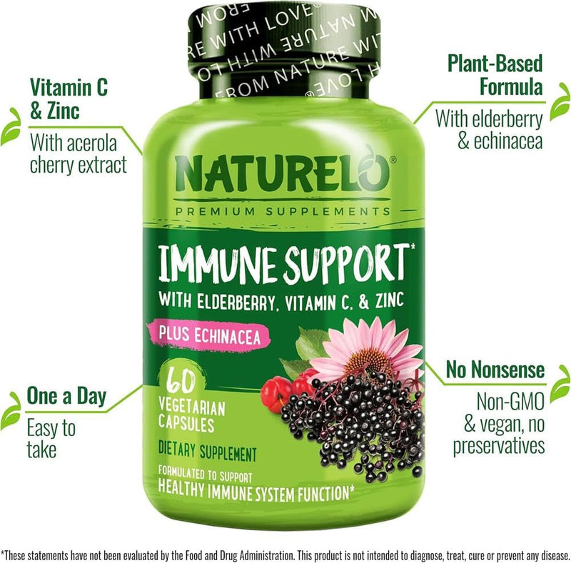 NATURELO Immune Support – Vitamin C, Elderberry, Zinc – Best Natural Vitamin C Boost with Antioxidant, Herbal & Mineral Defense - 60 Vegan Capsules | 2 Month Supply