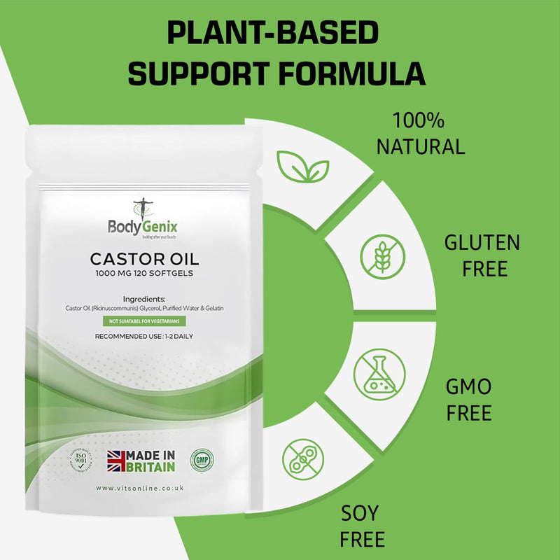 Bodygenix Castor Oil 1000mg Softgel - Supports Immune System Skin Hair Health Joint Wellness Relief Natural Health Supplement - 120 Softgels, 4 Month Supply 120 count (Pack of 1)