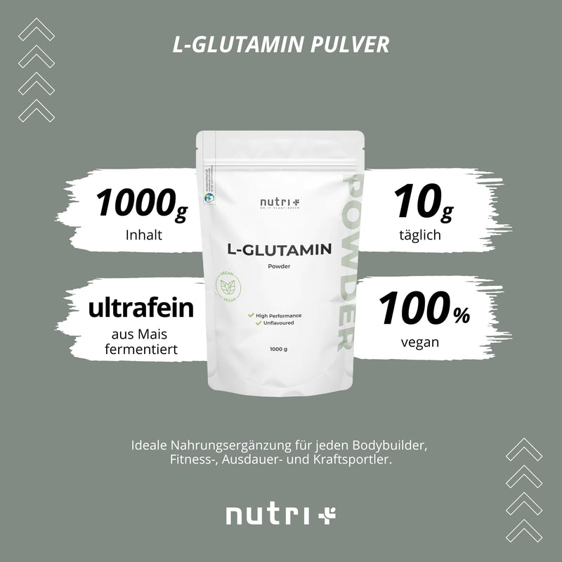 [Australia] - Nutri + L Glutamine Powder Vegan 1 kg - Neutral & high dosage without additives - 100% naturally pure - Fermented L-Glutamine Powder Made in Germany 