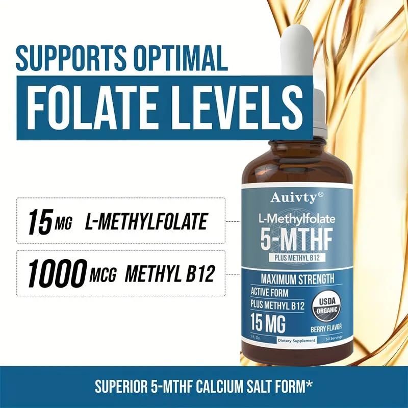 Organic Methyl Folate 1000 mcg + Methyl B12 Drops – 5-MTHF & Methylcobalamin Sublingual, 300 Servings, Berry Flavor, Vegan, Non-GMO Liquid Folate & Vitamin B12 Supplement, 1 fl oz
