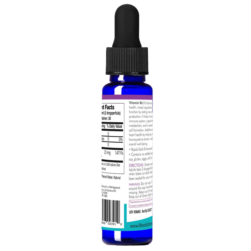 Life Solutions Vitamin B6 Pyridoxine HCI Liquid Dropper, 25mg, 2oz | B Vitamins Supplement, Essential B6 Supplement, Metabolism, Energy, Nervous System Support