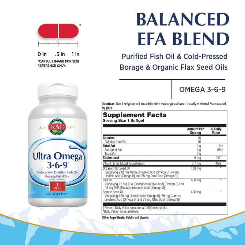 KAL Ultra Omega 3-6-9 1200mg | Fish Oil w/Cold Pressed Flaxseed & Borage Oil | Skin, Hair, Heart, Memory | 200 Softgels 200 Count (Pack of 1)