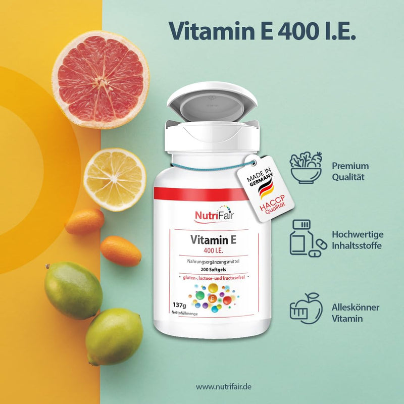 [Australia] - Vitamin E 400 IU - with 268mg vitamin E per softgel - 200 softgels - high dosage - German production & laboratory testing - NutriFair | Premium & fair 