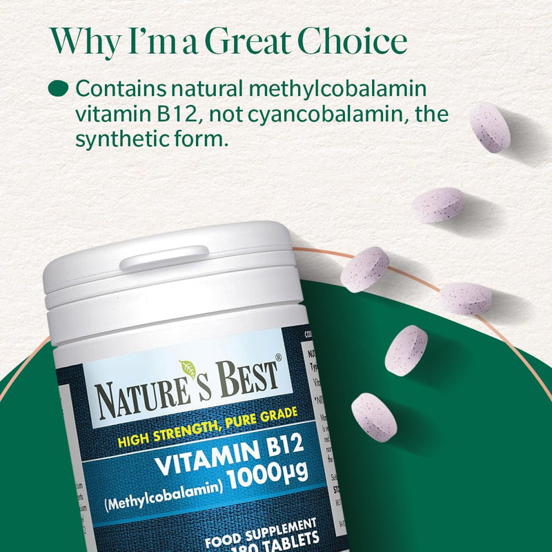 Nature's Best Vitamin B12 (Methylcobalamin) 1,000µg - High Strength Supplement - Immune Support - UK Made - 180 Tablets (6 Months' Supply)
