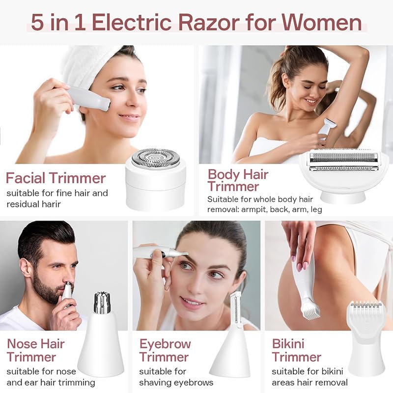 [Australia] - Bikini Trimmer for Women, 5 in 1 Electric Razors for Women - Rechargeable Electric Shaver - IPX7 Waterproof Bikini Trimmer for Underarm Leg Arm Body White 