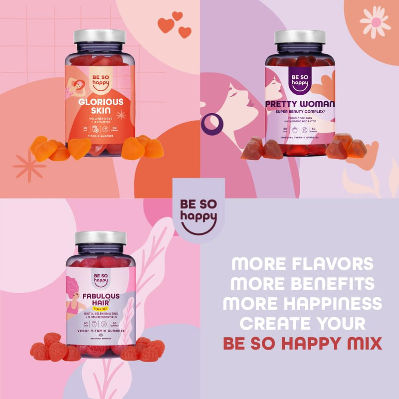BeSoHappy® Biotin Gummies 6000mcg Complex for Hair Growth, 60 Days Supply with Selenium, Zinc, B12 Vitamin, Retinol Vitamins B6, C, D, E, Strawberry Candies Flavor, Vegan.