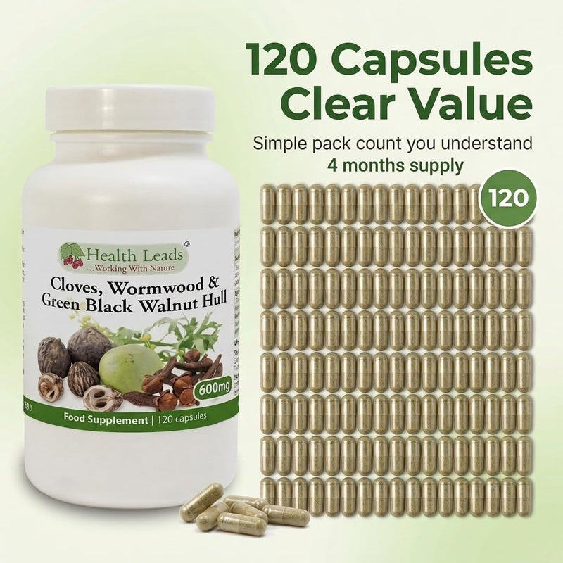 Wormwood Black Walnut and Clove Capsules 600mg Per Capsule – Triple Herbal Complex – Green Walnut Hull Extract – 120 Vegan Capsules (4 Month Supply, 1 Per Day) 120 count (Pack of 1)