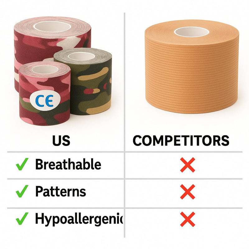Kinesiology Rolls - Pack of 12 Sports & Face Tapes | 2.5 & 5 cm | Elastic & Waterproof Adhesive | Camouflage & Solid Colours | Breathable, Hypoallergenic, Residue-Free