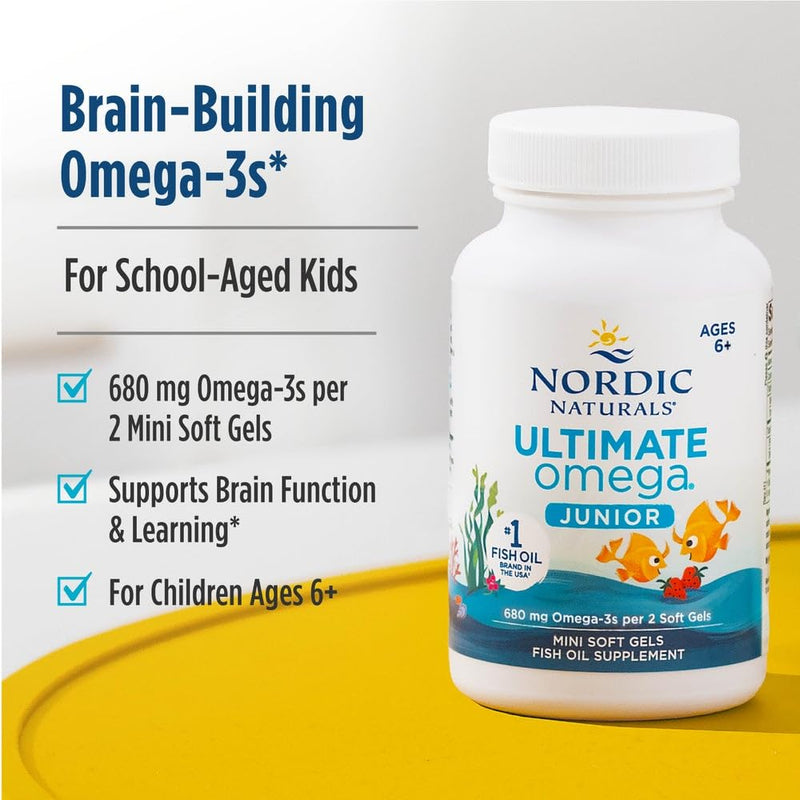 Nordic Naturals Ultimate Omega Jr., Strawberry - 90 Mini Soft Gels - 680 Total Omega-3s with EPA & DHA - Brain Health, Mood, Learning - Non-GMO - 45 Servings | 680mg total omega-3 for kids with EPA & DHA supports brain health, mood & learning. Strawber...