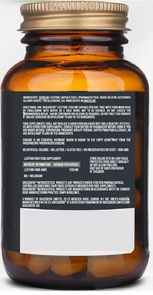 GRASSBERG - Lecithin 1200 mg | Supports Liver Health and Cholesterol Reduction - 60 Capsules