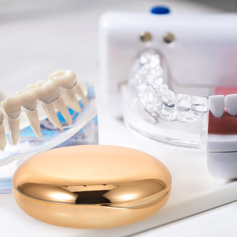 [Australia] - Healifty Portable Dental Retainer Box Dental Braces Case Practical Invisible Denture Case Dental Mouth Guard Case with Mirror Oral Care Box (Golden), 8.7X2.7CM 