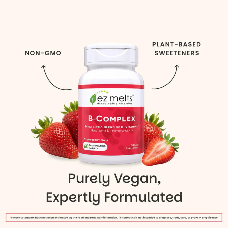 EZ Melts Dissolvable B-Complex, 120 Tablets, Strawberry Swirl | Full Vitamin B Complex with Methylated B12 & Folate, Provides Energy Metabolism & Heart Health Support, Non-GMO & Vegan 60 Count (Pack of 2)