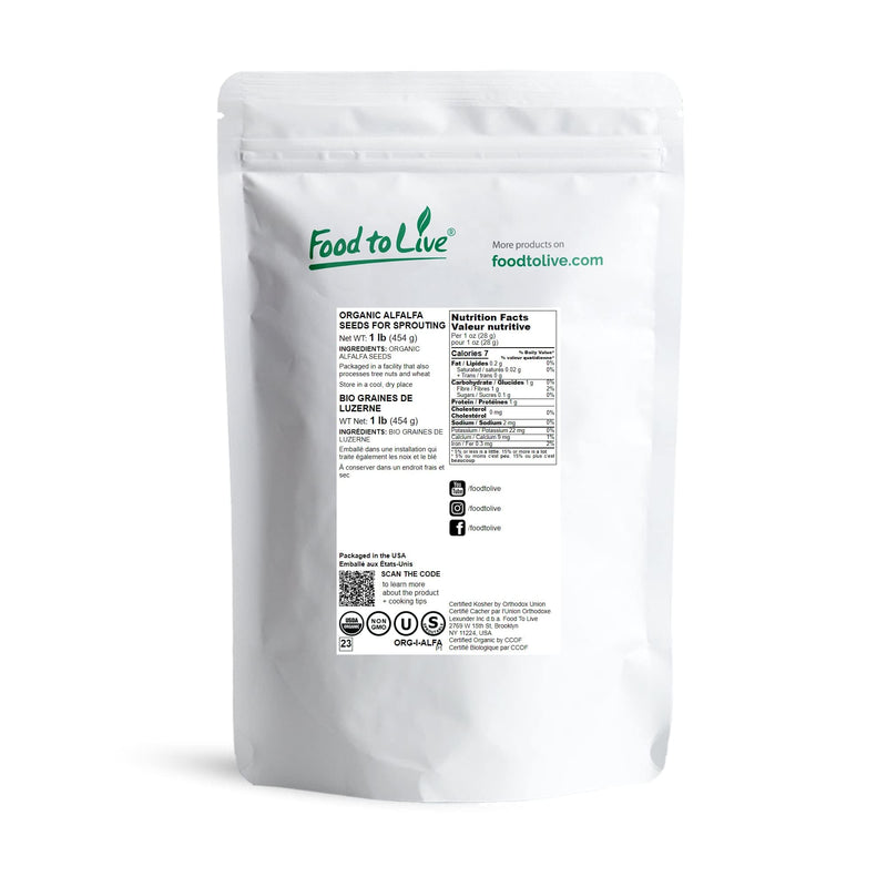 [Australia] - Food to Live Organic Alfalfa Sprouting Seeds, 1 Pound - Non-GMO, Kosher, Sproutable, Raw 1 LB 