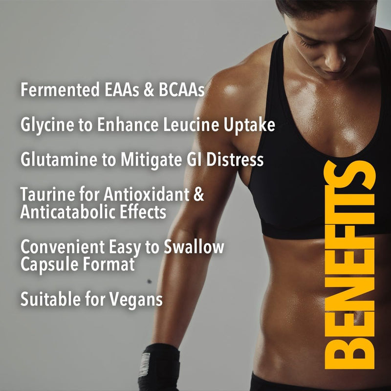 Essential Amino Acids 240 Vegan Capsules Contains All 9 EAAs, All 3 BCAAs + Glycine, Glutamine & Taurine for Muscle Growth & Recovery 30 Day Supply Fermented Amino Acids, High Leucine Content