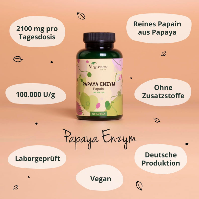 [Australia] - Papaya enzyme Vegavero® | High dose: 2,100 mg of pure papain per daily dose | High enzyme activity: 100,000 units/g | Naturally from the fruit| 120 capsules | Vegan & without additives 