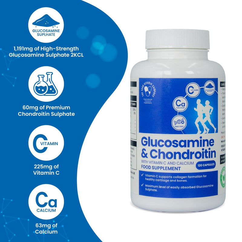 Glucosamine & Chondroitin Capsules with Vitamin C – Joint & Cartilage Support Supplement | Supports Mobility, Flexibility & Collagen Formation | 120 Capsules (40 Days Supply) | Made in UK