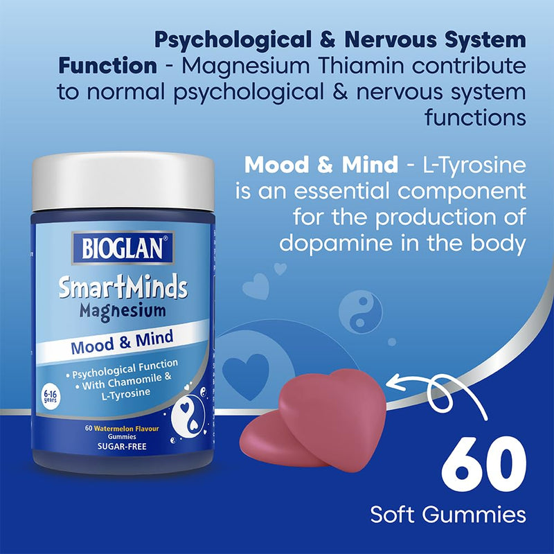 Bioglan SmartMinds Magnesium Mood & Mind Gummies for Kids, Sugar Free Watermelon, Magnesium, Chamomile, L-Tyrosine, Thiamin & Zinc, Children Age 6-16, 60 Gummies