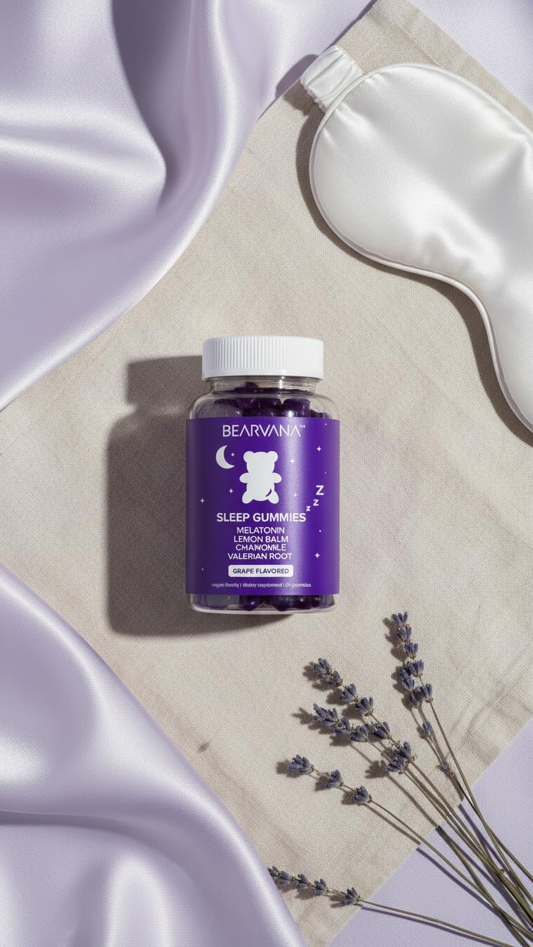 BEARVANA Melatonin Gummies, Sleep Support Gummies with Lemon Balm, Grape Flavor, Chamomile & Valerian Root, Night time Relaxation & Rest Support | 60 Gummies