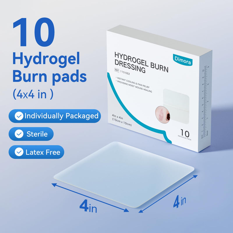 [Australia] - Dimora Hydrogel Burn Dressing 4" x 4" - Burn and Wound Dressing Instant Cooling Relief for Minor Burns & Wounds, Soothing Moist Burn Pads for 1st-2nd Degree Burns, Cuts, Abrasions(10 Count) 4" x 4" (10 Count) 