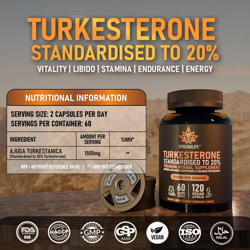 Turkesterone Capsules 1500mg | Muscle Growth, Strength & Recovery Support | 20% Extract | 120 Capsules – 60 Day Supply for Men & Women