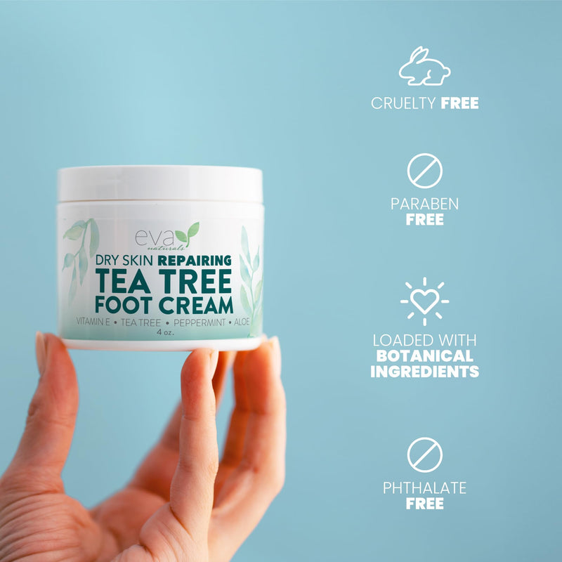 Eva Naturals Tea Tree Foot Cream with Peppermint, Menthol & Aloe, 4 fl oz | Dry & cracked heels, feet, spearmint, sunflower oil, geranium, lotion & balm, for men & women 4 Fl Oz (Pack of 1)