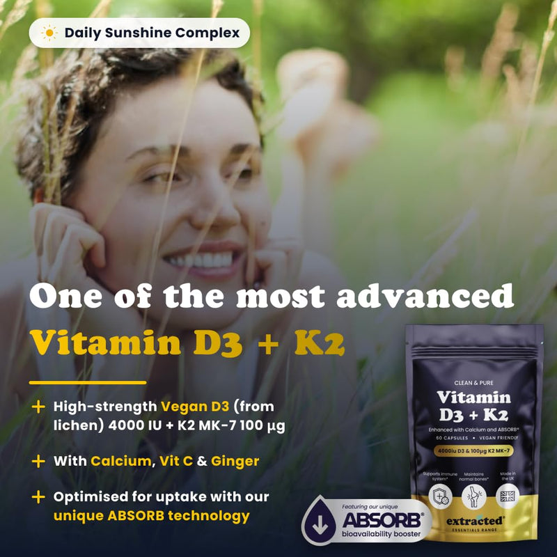Vitamin D3 4000IU and K2 MK-7 100μg, High Strength Vegan Formula with Vitamin C, Calcium, Ginger, AstraGin and BioPerine, 60 Capsules 60 count (Pack of 1)