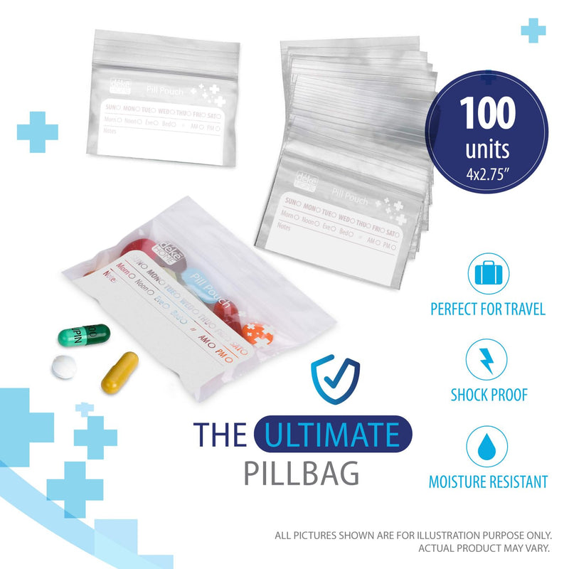 Deke Home - 100 Pack Clear Resealable Pill Bags (4x2.75 in), Travel Medicine Pouches with Write-On Label, BPA-Free Disposable Pill Organizer for Medications, Vitamins & Supplements 100 Count (Pack of 1)