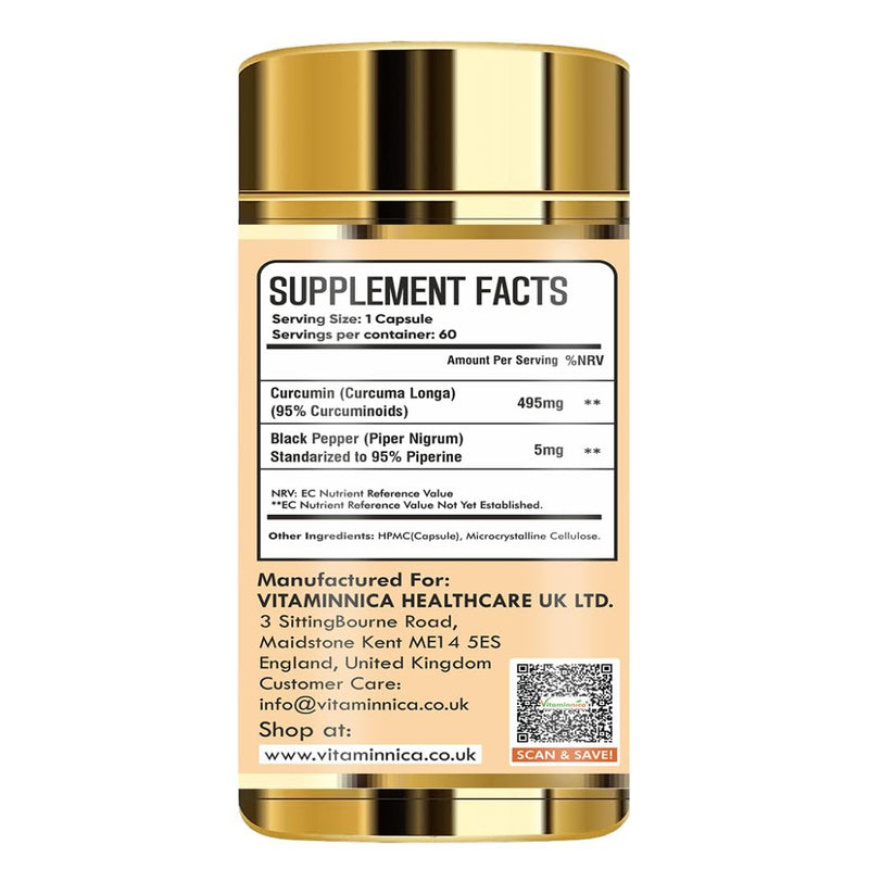 Vitaminnica Curcumin 95 | High Strength Curcumin Capsules containing 96.9% Curcuminoids and Black Pepper Extract | 500mg x 60 Veg Capsules | Joint Health
