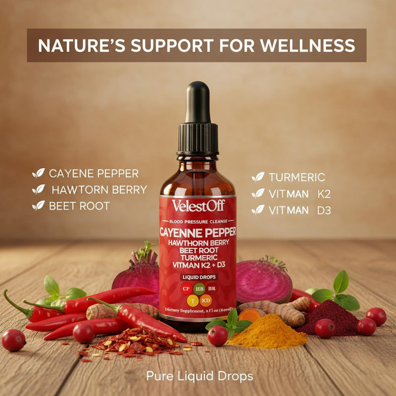 Velestoff Cayenne Pepper Drops Supplement Liquid - Cayenne Pepper, Hawthorn Berry, Beet Root, Turmeric, Vitamin K2+D3, Immune Support, Energy Boost, 2 Fl. Oz.