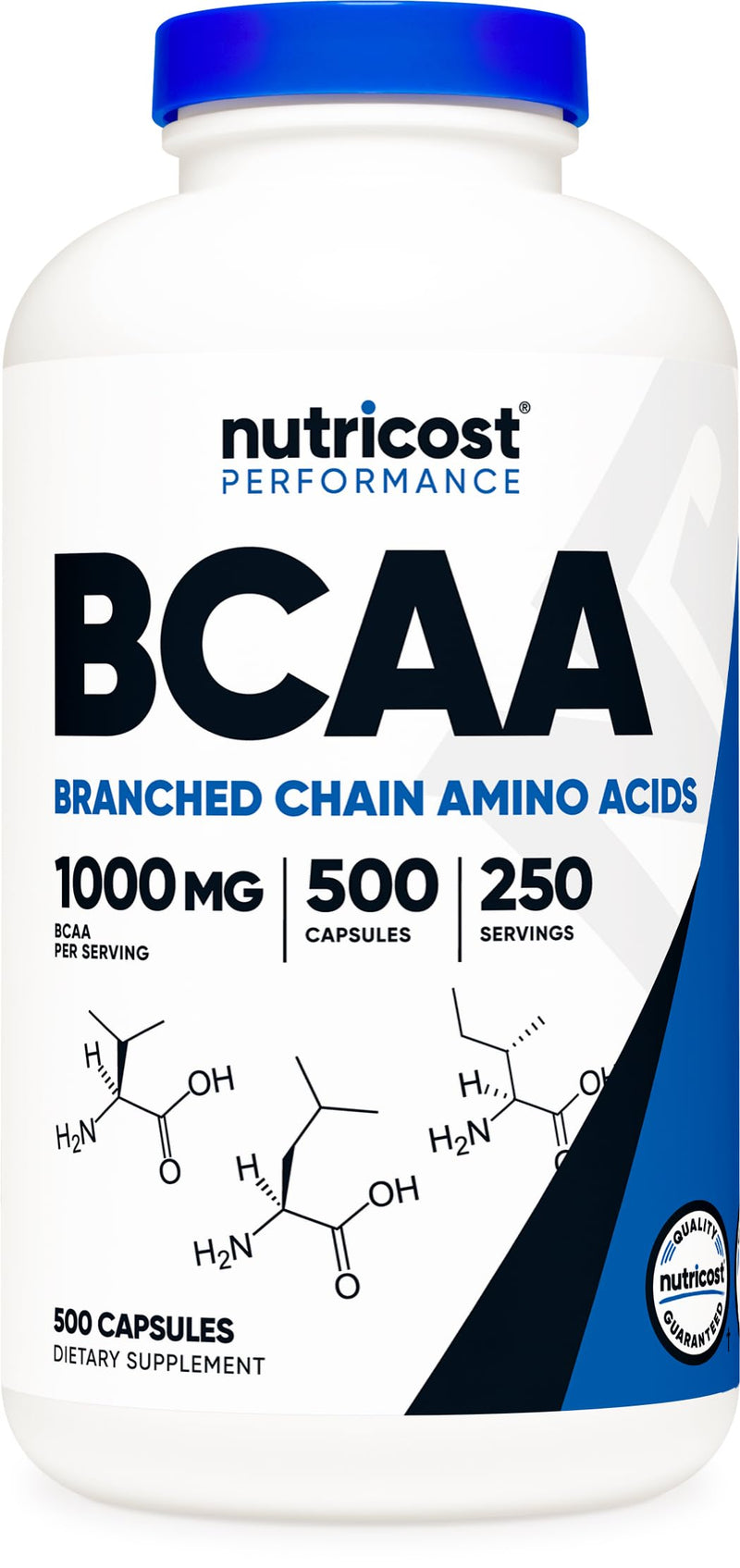 Nutricost BCAA 1000mg, 500 Capsules (250 Serv), 2:1:1 Branched Chain Amino Acids (500mg of L-Leucine, 250mg of L-Isoleucine and L-Valine) 500 Count (Pack of 1)