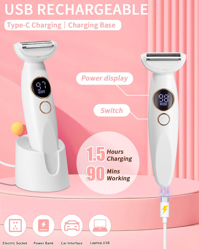 [Australia] - Women's razor, 5-in-1 intimate razor for women, women's electric razor, with USB charging station, women's electric razor, for body, armpits, bikini, eyebrows and nose, USB charging white 