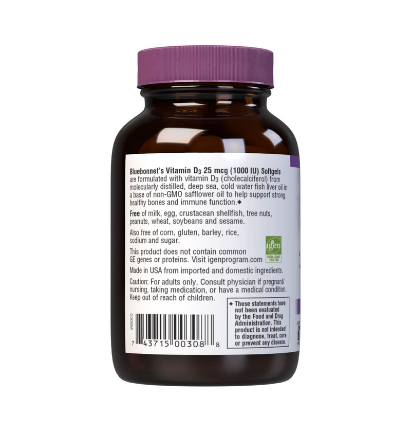 Bluebonnet Nutrition Vitamin D3 1000 IU Softgels, Aids in Muscle and Skeletal Growth, Cholecalciferol from Fish Oil, Non GMO, Gluten Free, Soy Free, Dairy Free, 100 Softgels | Bone Health & Immune Health; Non-GMO, Gluten-Free, Soy-Free, Dairy-Free