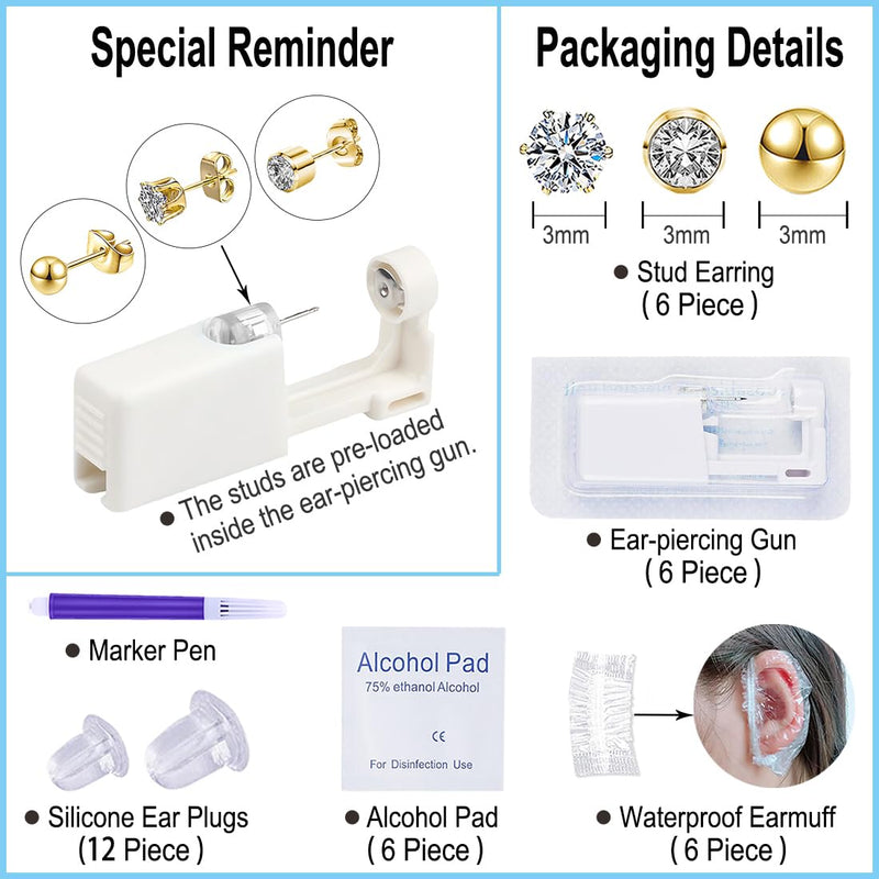 [Australia] - Ear Piercing Kit Disposable Ear Piercing Gun Kit with Sterile Multi-sized CZ Earring Studs Easy and Safe Earring Self Piercing Kit for Your Own Use at Home 3Mix-3mm-Gold- 