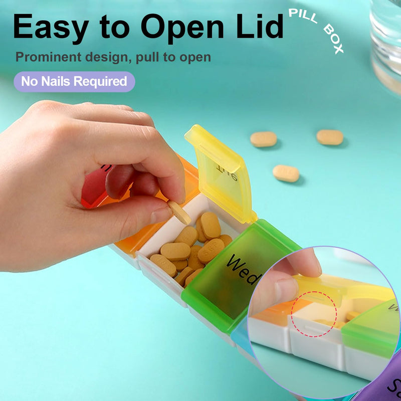 Pill Organizer, Weekly Portable Pill Dispenser, Travel Daily Case | 7 Compartment Medication Planner Case Box Holder for Vitamin, Medicine, Fish Oil, Supplements, Transparent, 7-Color lid Box