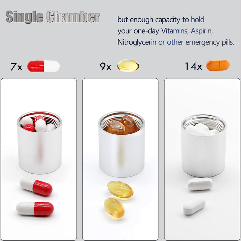 Portable Metal Small Pill Case, Aluminium Alloy Round Pill Box for Travel, Waterproof Pill Box Organizer, Pocket Daliy Pill Holder Pill Container for Medicine Vitamin Fish Oils (Silver) Silver