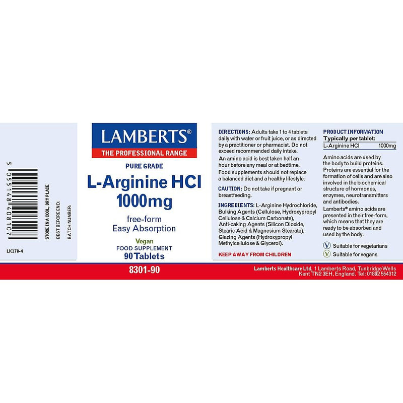 Lamberts L-Arginine HCl 1000mg 90 Tablets – Free-Form Amino Acid – Highly Absorbable – Vegan
