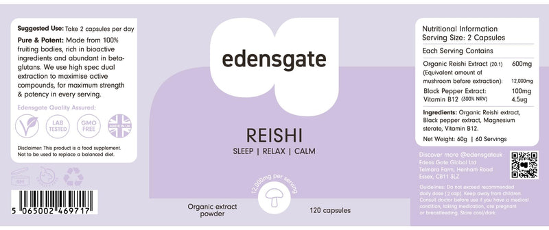 Edensgate Reishi Extract Capsules – Reishi Mushroom Supplement | Concentrated Extract Formula | Vegan Friendly | Daily Balance & Wellness Support | 120 Capsules Edensgate Reishi Extract Capsules x 120